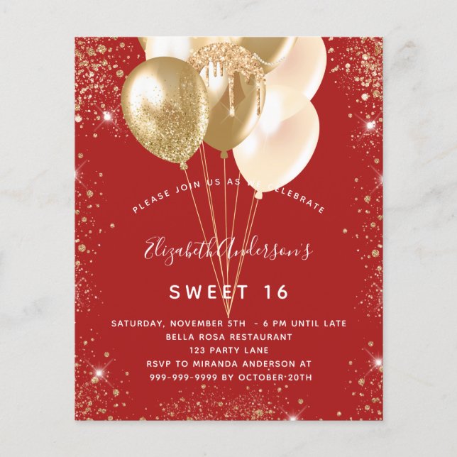 Sweet 16 röda guldbalonger budget inbjudan flygblad (Framsidan)