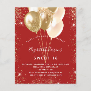Sweet 16 röda guldbalonger budget inbjudan flygblad