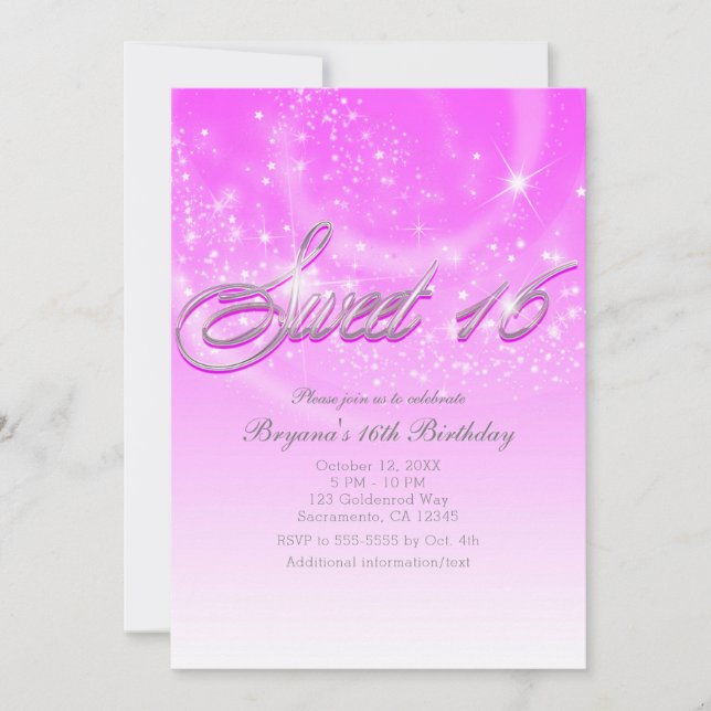 SWEET 16 Rosa & Silver Glitterstjärnor Party Inbjudningar (Framsida)