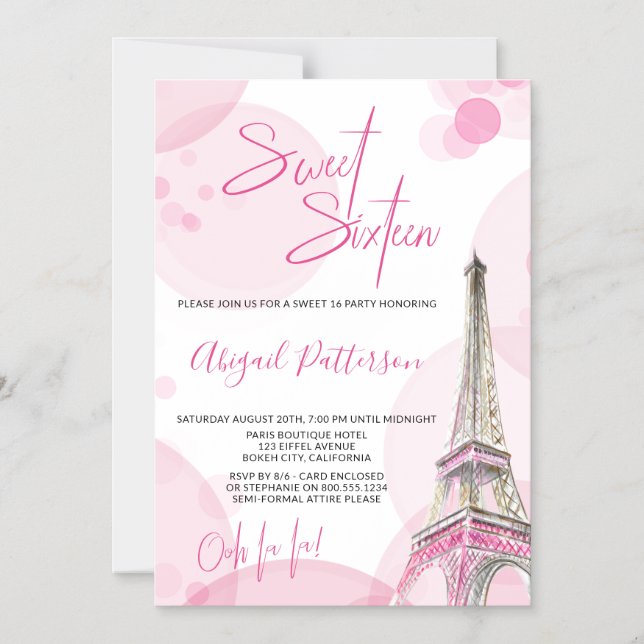 Sweet 16 Rosa White Paris Temed Födelsedagsfest Magnetisk Inbjudningskort (Framsida)