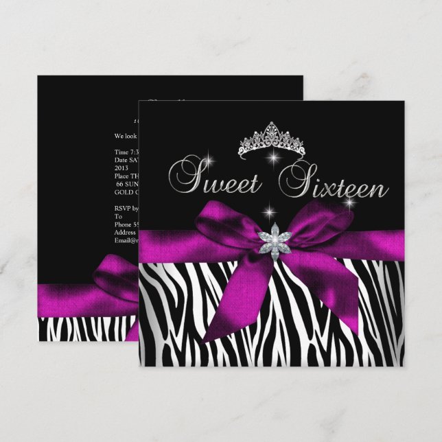 Sweet 16  Rosa Zebra Svart Vitt Diamanter Inbjudningar (Fram/baksida)