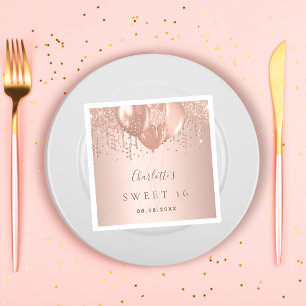 Sweet 16 rose gold glitter balloons monogram 16th pappersservett