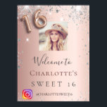 Sweet 16 rose gold photo silver glitter Instagram Poster<br><div class="desc">A welcome poster for a girly and glamorous Sweet 16,  16th birthday party.  A rose gold faux metallic looking background decorated with faux silver glitter dust.   Personalize and add a photo,  name and Instagram #hashtag.  Number 16 is written with a balloon style font.
Back: no design</div>