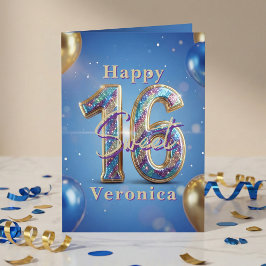 Sweet 16 Royal Blue Gold Glitter Balloon Birthday Kort