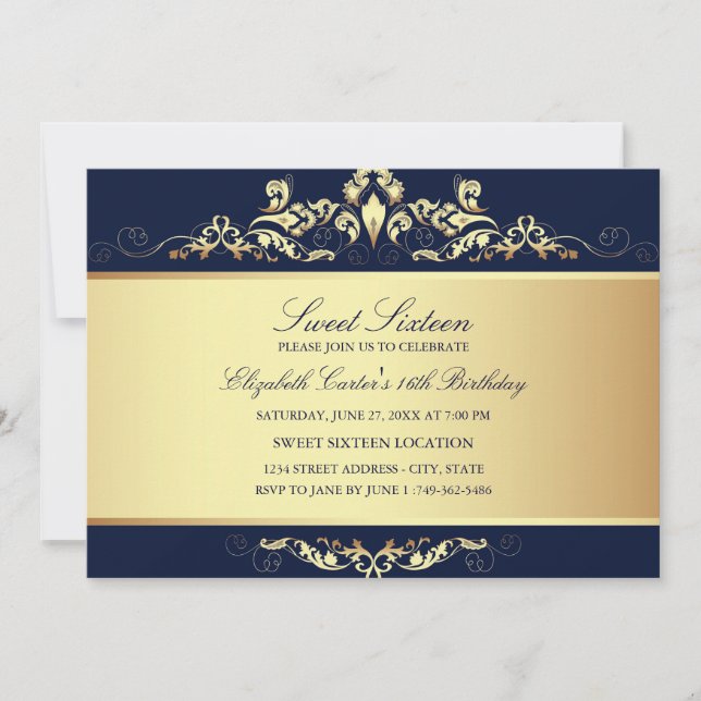 Sweet 16 | Royalblå & Guld Damask Inbjudan (Framsida)