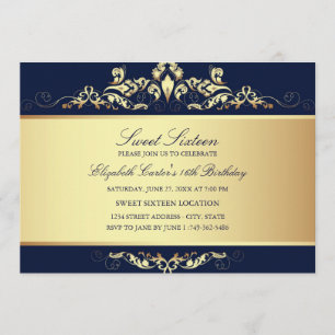 Sweet 16 Royalblå & Guld Damask Inbjudan