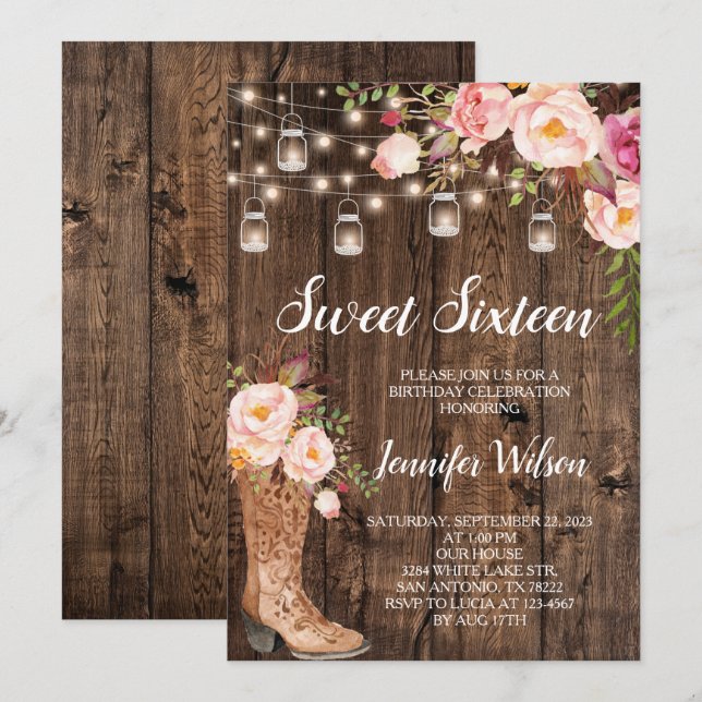 Sweet 16 Rustic Boho Blommigt String Ljus Inbjudningar (Fram/baksida)