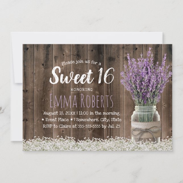 Sweet 16 Rustic Lavender Blommigt Burk Elegant Woo Inbjudningar (Framsida)
