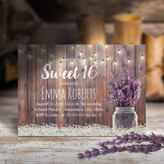 Sweet 16 Rustic Lavender Blommigt Burk String Ljus Inbjudningar (Skapare uppladdad)