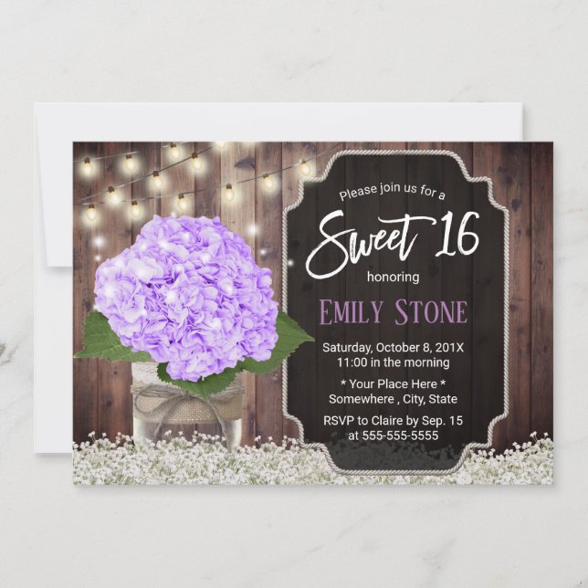 Sweet 16 Rustic Lila Hydrangea Flower Mason Burk Inbjudningar (Framsida)