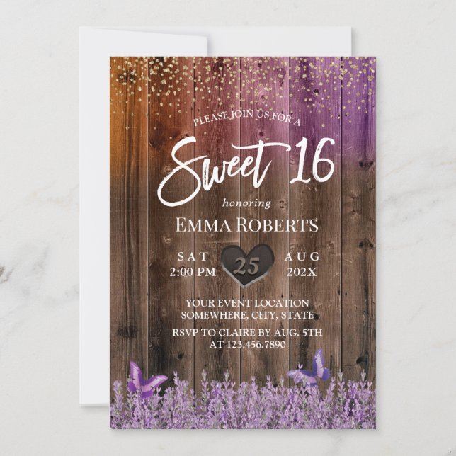 Sweet 16 Rustic Lila Lavender Flower Barn Wood Inbjudningar (Framsida)