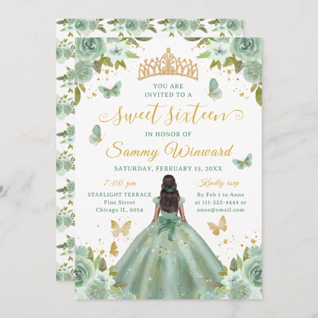 Sweet 16 Sage Green Princess African American Girl Inbjudningar (Fram/baksida)