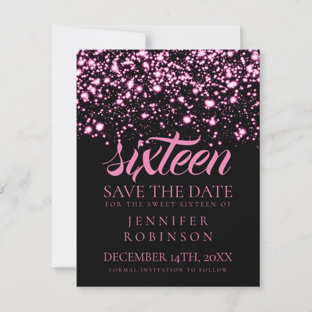 Sweet 16 "Save the Date" Rosa Midnight Glam Spara Datumet (Framsida)