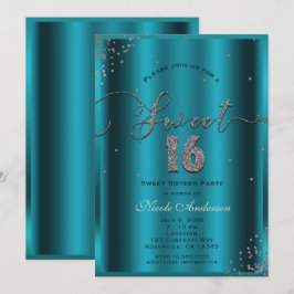 SWEET 16 Sexton Aqua Blå Silver Konfetti Hörnor Inbjudningar