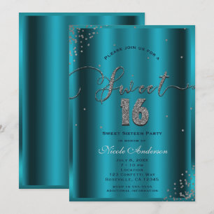 SWEET 16 Sexton Aqua Blå Silver Konfetti Hörnor Inbjudningar