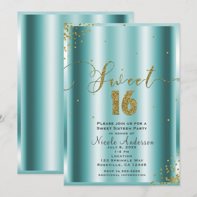 SWEET 16 Sexton Aqua & Guld Konfetti Hörnor Inbjudningar (Fram/baksida)