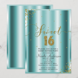 SWEET 16 Sexton Aqua & Guld Konfetti Hörnor Inbjudningar