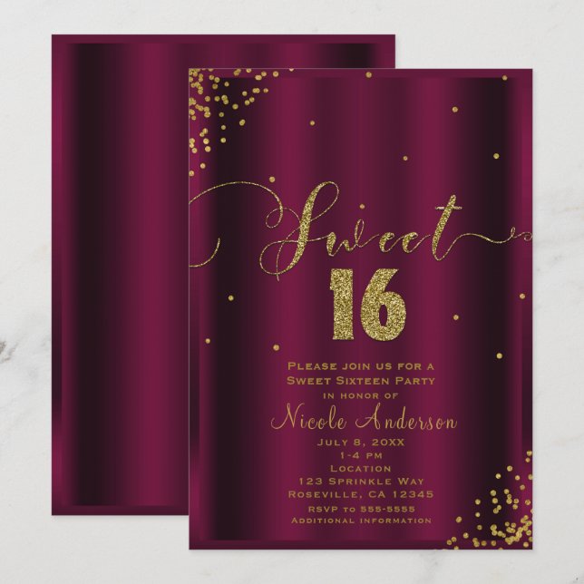 SWEET 16 Sexton Burgundy & Guld Konfetti Hörnor Inbjudningar (Fram/baksida)