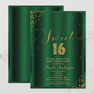 SWEET 16 Sexton Emerald & Guld Konfetti Hörn Inbjudningar
