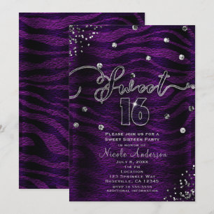 SWEET 16 Sexton Lila Zebra & Silver Bling Inbjudningar