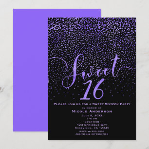 SWEET 16 Sexton Modern Konfetti Lila & Svart Inbjudningar