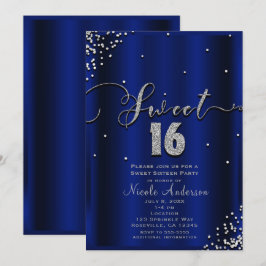 SWEET 16 Sexton Royal Blå Silver Konfetti Hörnet Inbjudningar
