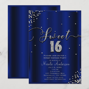SWEET 16 Sexton Royal Blå Silver Konfetti Hörnet Inbjudningar