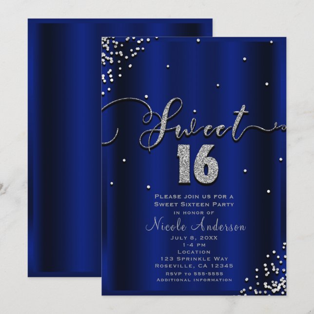 SWEET 16 Sexton Royalblå Silverkonfettihörn Inbjudningar (Fram/baksida)