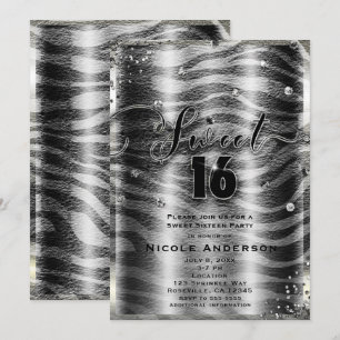 SWEET 16 Sexton Svart Vit Zebra & Silver Bling Inbjudningar