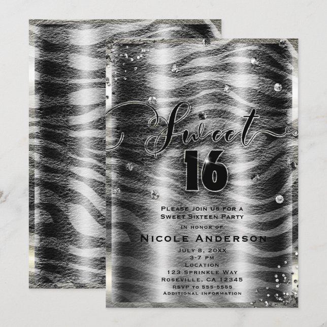 SWEET 16 Sexton Svart Vit Zebra & Silver Bling Inbjudningar (Fram/baksida)