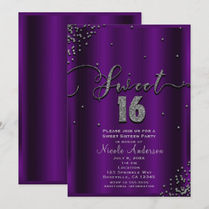 SWEET 16 Sexton Violetta & Silverfärgade Konfett h Inbjudningar
