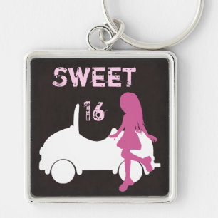 Sweet 16 Silhouette Girl and Car Rosa and Brown Fyrkantig Silverfärgad Nyckelring