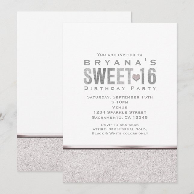 SWEET 16 Silver Glitter Glam Festinladningar Inbjudningar (Fram/baksida)