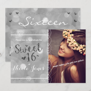 SWEET 16 Silver Glitter Party Fotoinbjudan Inbjudningar