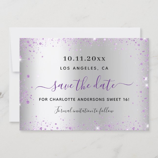 Sweet 16 silver lavender save the date card spara datumet (Framsida)