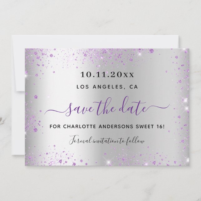 Sweet 16 silver purple save the date (Framsida)