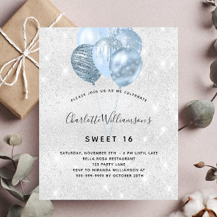 Sweet 16 silverblå glitter budget inbjudan flygblad