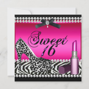 Sweet 16 Sixteen Hot Pink Läppstift Zebra Leopard Inbjudningar