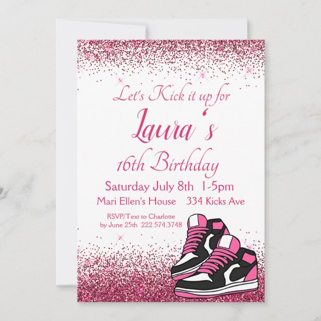 Sweet 16, Sneaker Birthday, Rosa Glitter Inbjudningar (Framsida)