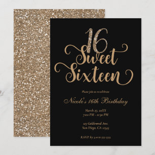 Sweet 16 Svart & Guld Glitter Födelsedagsfest Inbjudningar