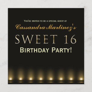 SWEET 16 Svart Guld Hollywood Festinladning Inbjudningar