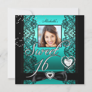 Sweet 16 Sweet Sixteen Teal Svart Spets Foto Inbjudningar