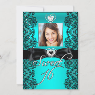 Sweet 16 Sweet Sixteen Teal Svart Spets Foto Inbjudningar