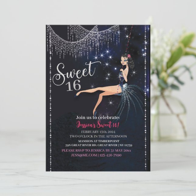 Sweet 16 Swing Girl With Silver Disco Glitter Inbjudningar (Stående Fram)