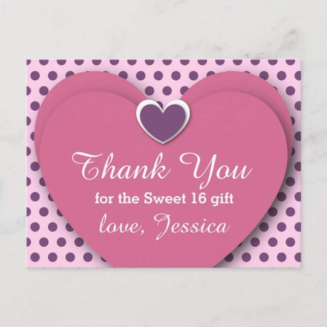SWEET 16 Tack Hearts Dots B03 LILA Vykort (Framsida)