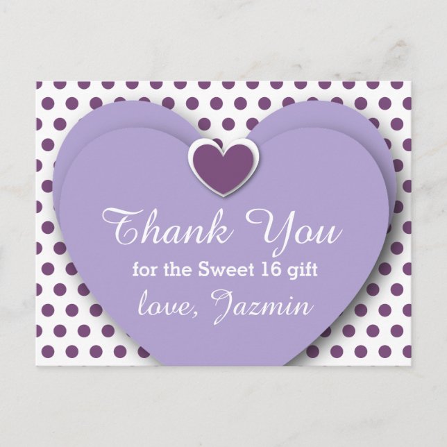 SWEET 16 Tack Hearts Lila Polka dots B05 Vykort (Framsida)