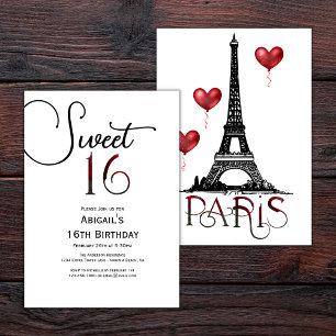 Sweet 16 Trendig Paris, Eiffel Torn, Red Balloons Inbjudningar