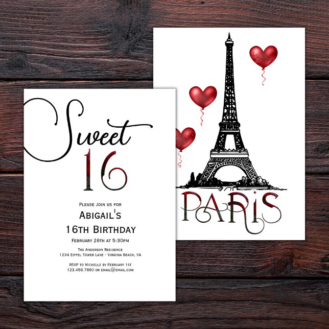 Sweet 16 Trendig Paris, Eiffel Torn, Red Balloons Inbjudningar (Skapare uppladdad)
