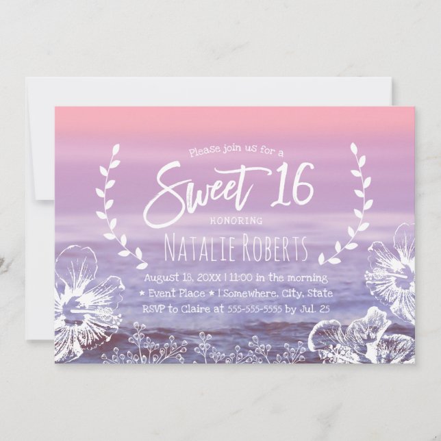 Sweet 16 Tropical Blommigt Elegant Rosa Beach Inbjudningar (Framsida)