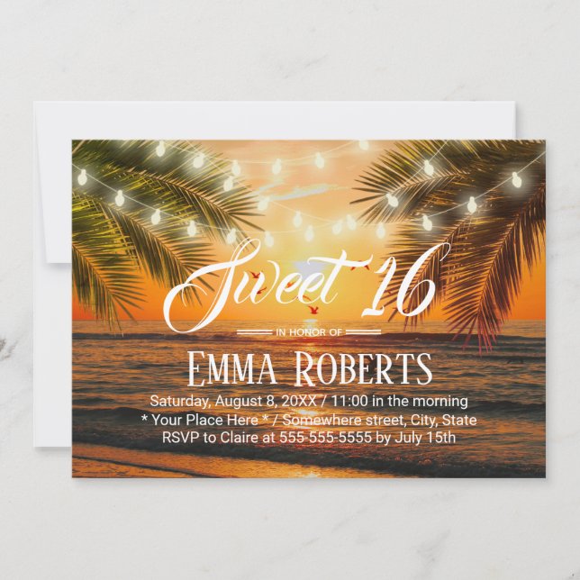 Sweet 16 Tropical Sunset Beach String Ljus Inbjudningar (Framsida)